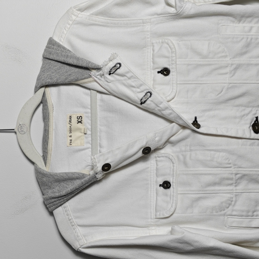 RAG & BONE / JEAN Button Up White Jean Jacket With Gray Hood Size Xsmall - Picture 9 of 16